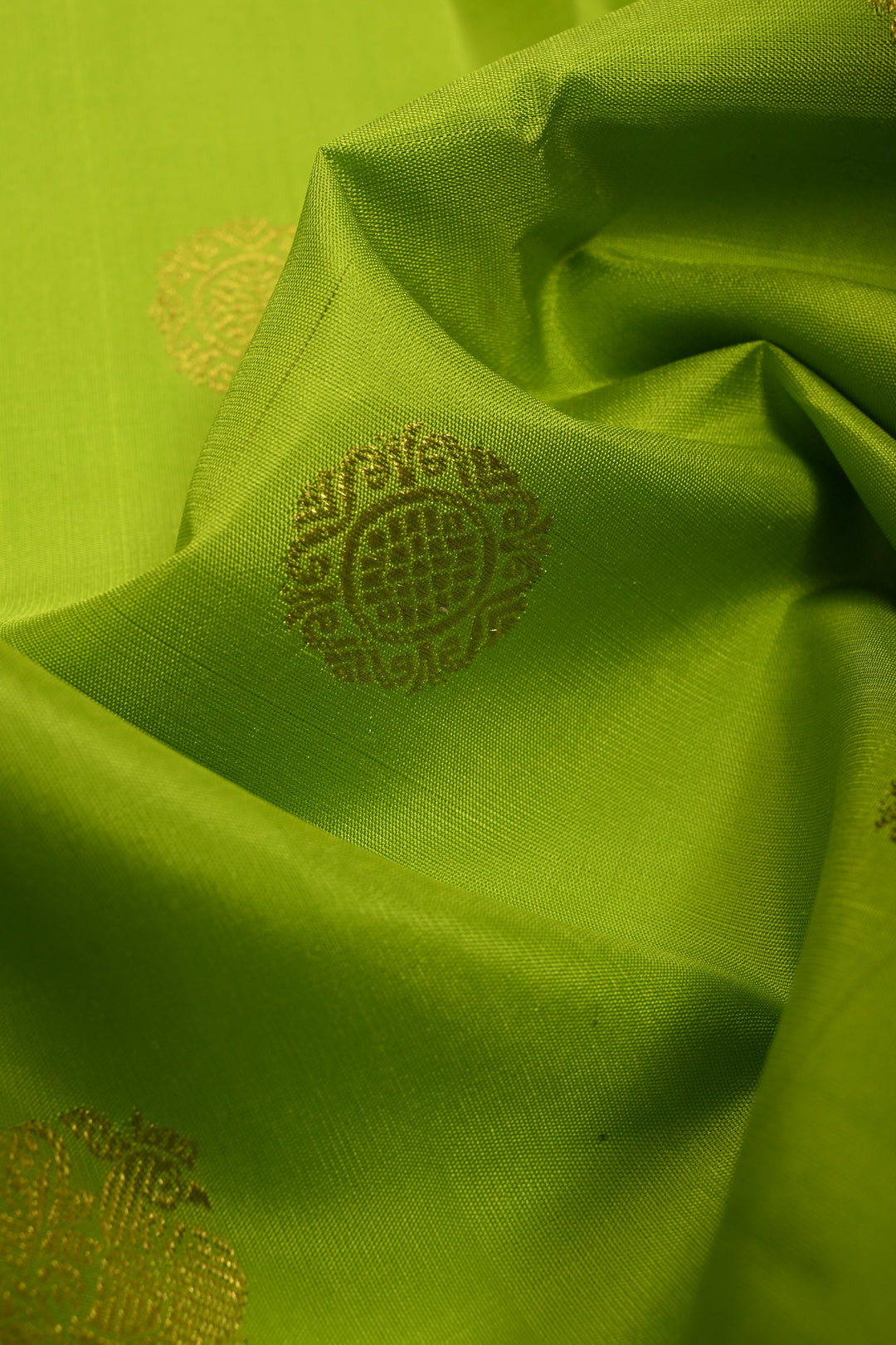 Parrot Green Korvai Pure Gadwal Silk Saree with Zari Buttas and Kanchana Contrast Wide Zari Border | SILK MARK CERTIFIED | SHOBITAM