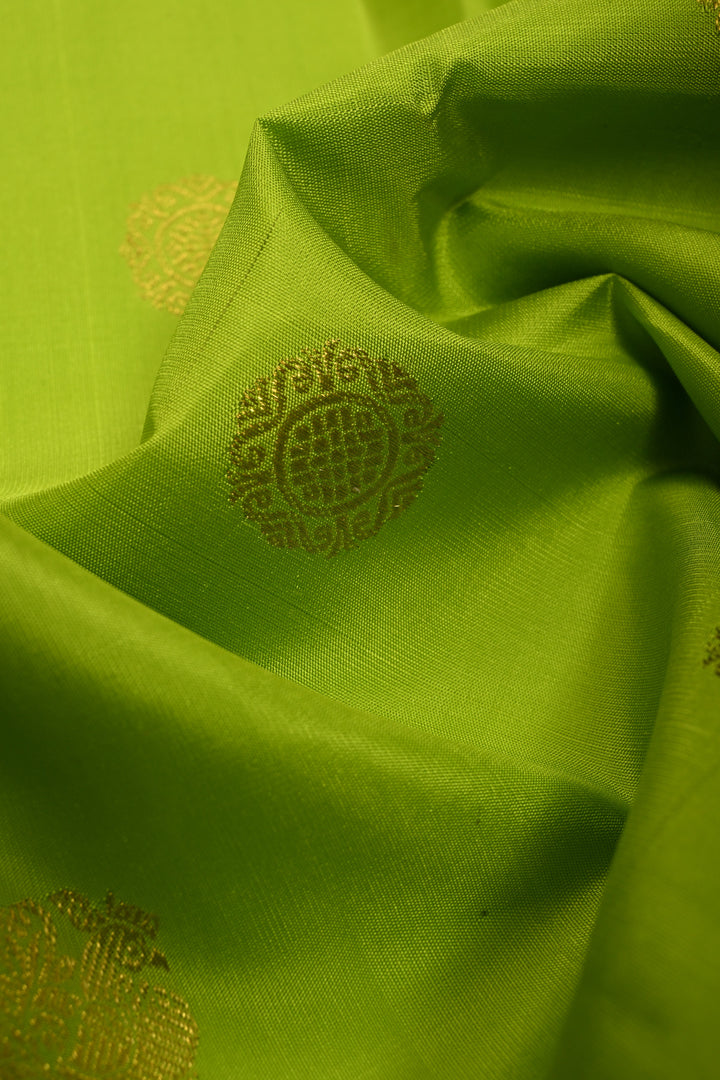Parrot Green Korvai Pure Gadwal Silk Saree with Zari Buttas and Kanchana Contrast Wide Zari Border | SILK MARK CERTIFIED | SHOBITAM