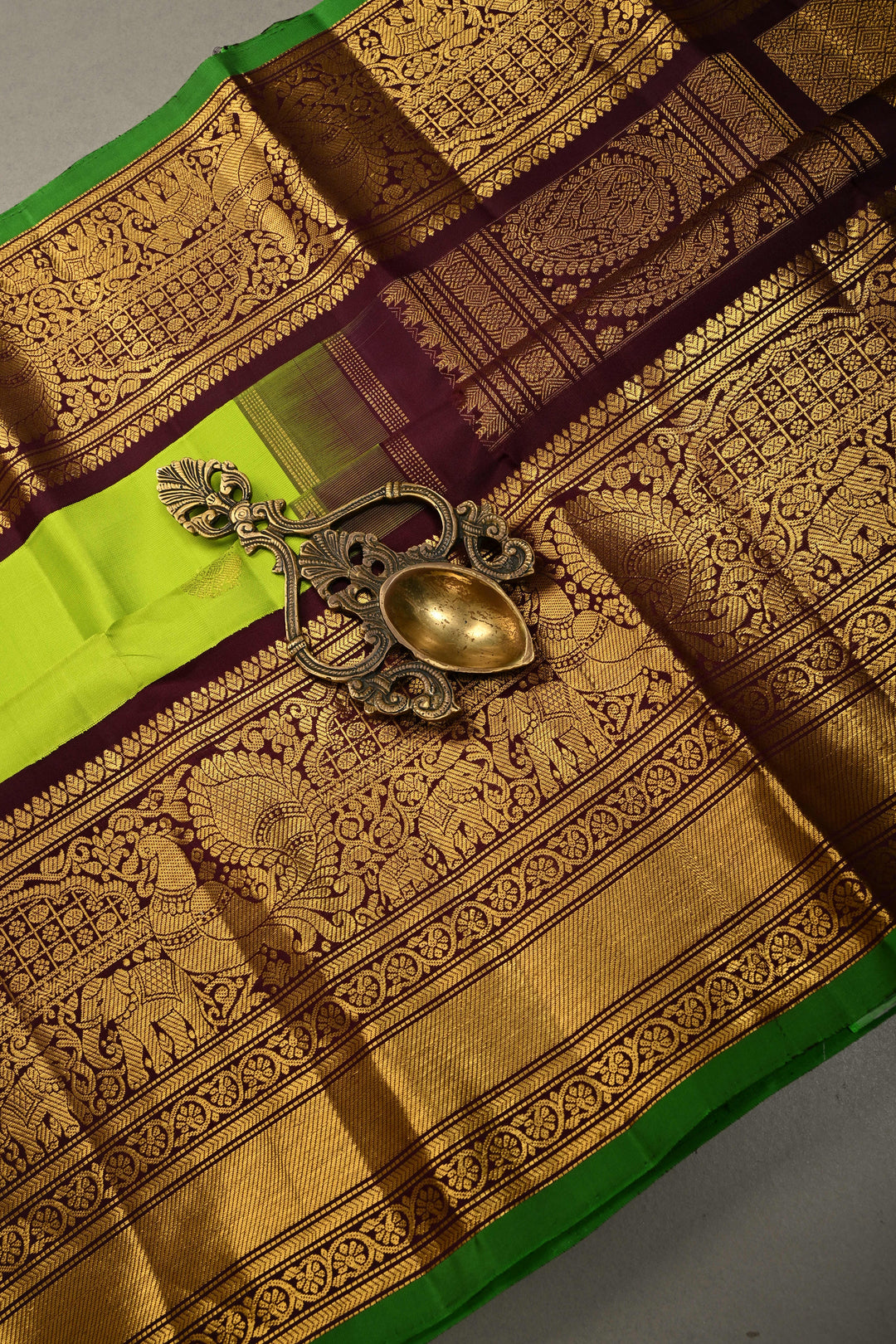 Parrot Green Korvai Pure Gadwal Silk Saree with Zari Buttas and Kanchana Contrast Wide Zari Border | SILK MARK CERTIFIED | SHOBITAM