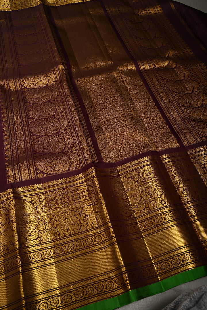 Parrot Green Korvai Pure Gadwal Silk Saree with Zari Buttas and Kanchana Contrast Wide Zari Border | SILK MARK CERTIFIED | SHOBITAM