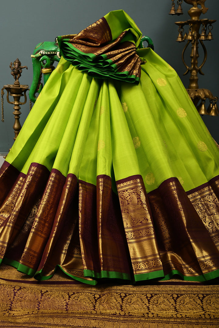 Parrot Green Korvai Pure Gadwal Silk Saree with Zari Buttas and Kanchana Contrast Wide Zari Border | SILK MARK CERTIFIED | SHOBITAM