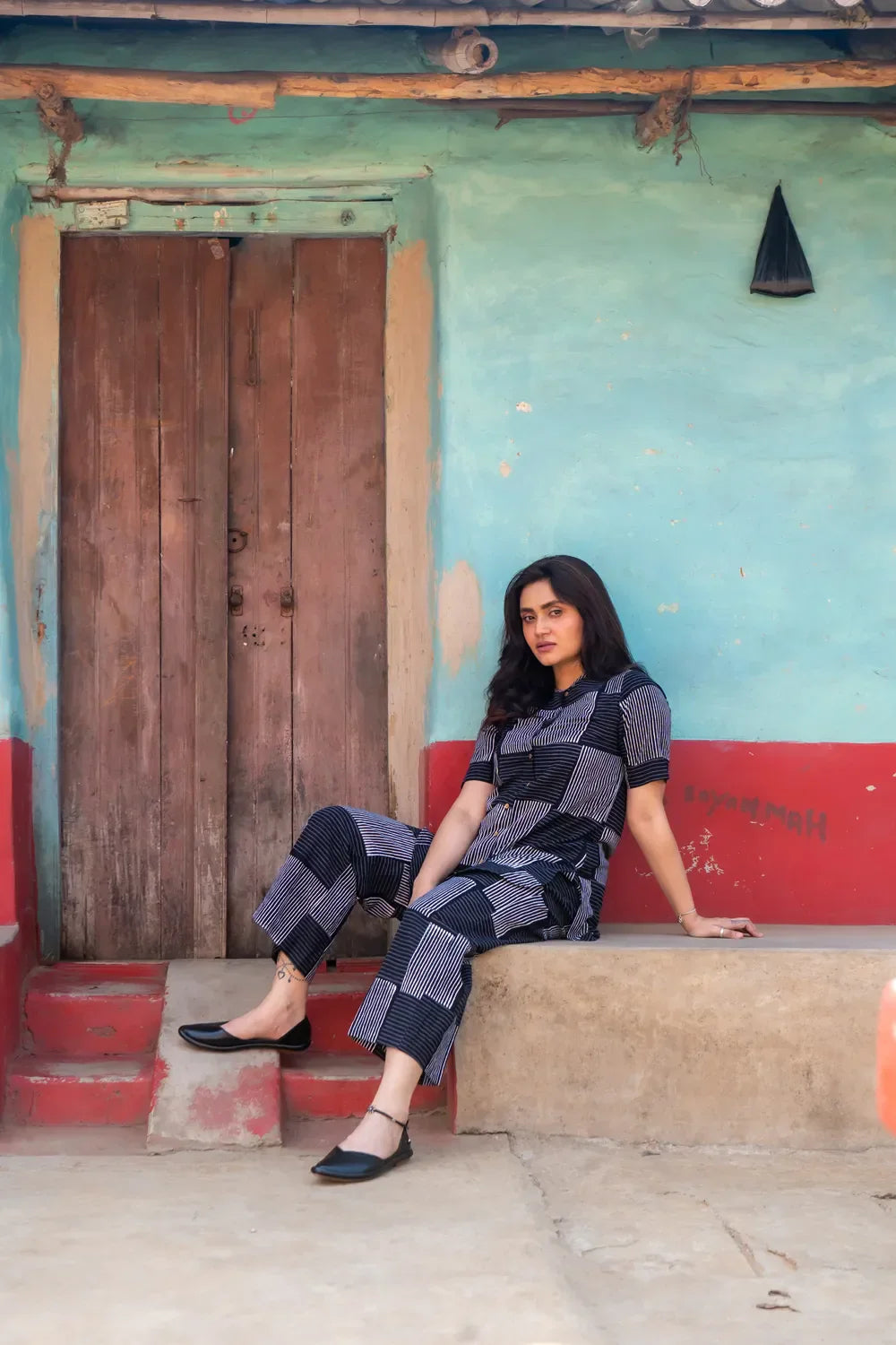 Black Check Stripes Pure Cotton Hand Block Print Co-ord Set | SHOBITAM