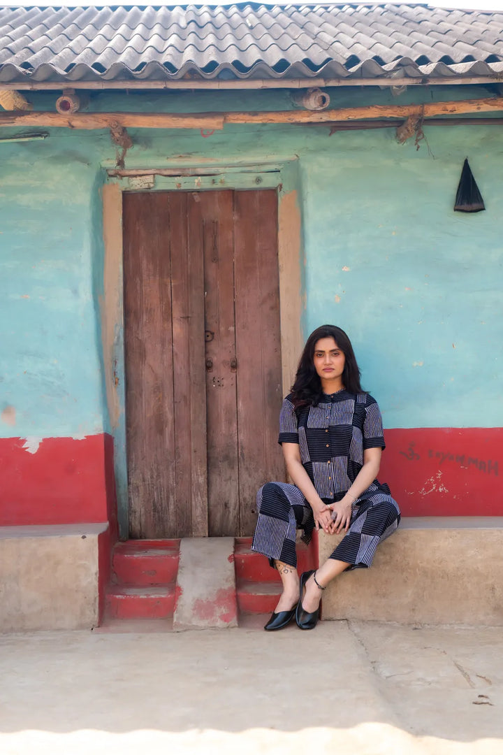 Black Check Stripes Pure Cotton Hand Block Print Co-ord Set | SHOBITAM