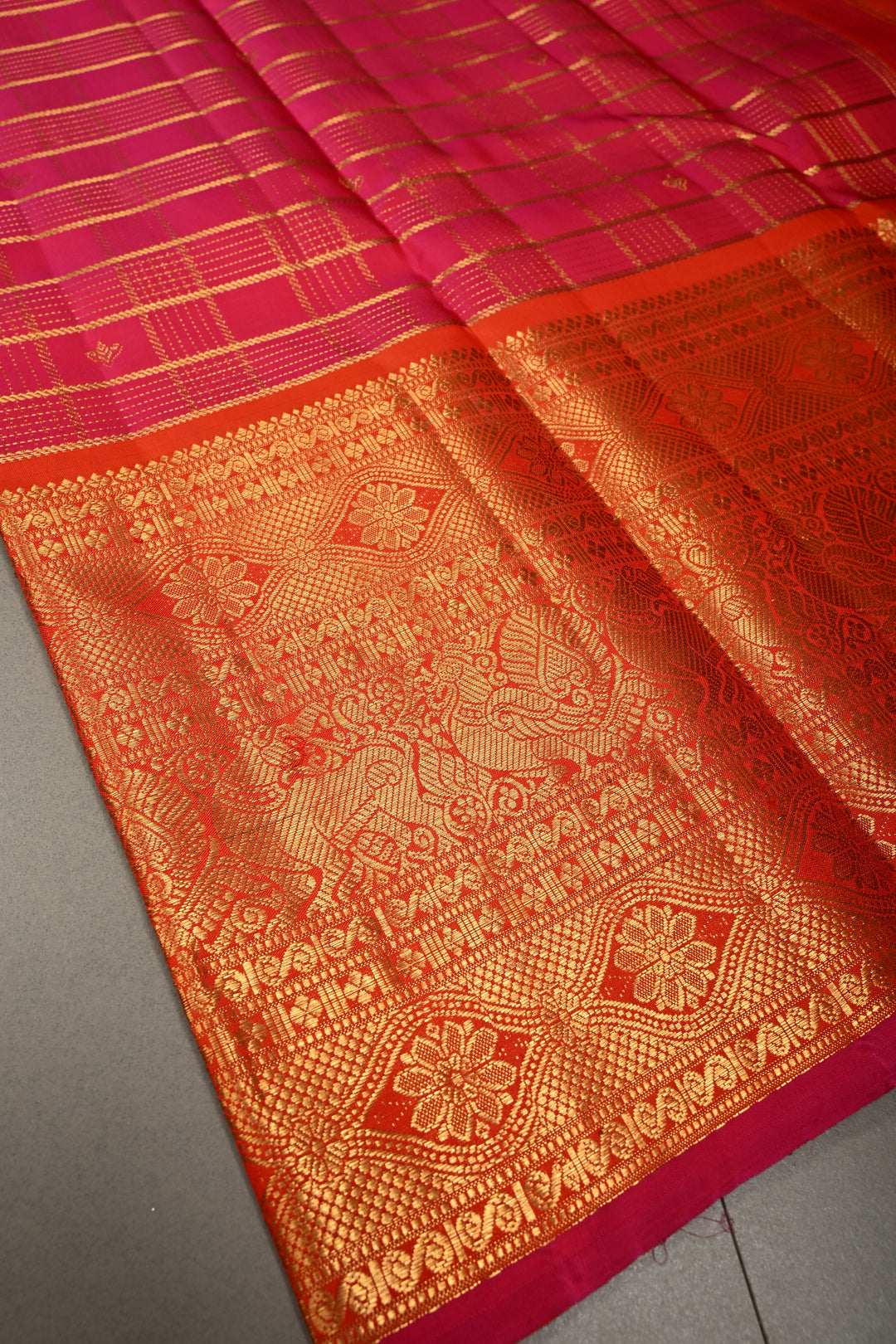 Rani Pink Zari Checks Pure Gadwal Silk Saree with Zari Buttis and Contrast Wide Zari Border | SILK MARK CERTIFIED | SHOBITAM