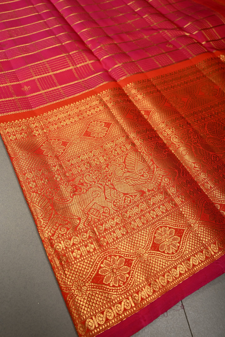 Rani Pink Zari Checks Pure Gadwal Silk Saree with Zari Buttis and Contrast Wide Zari Border | SILK MARK CERTIFIED | SHOBITAM