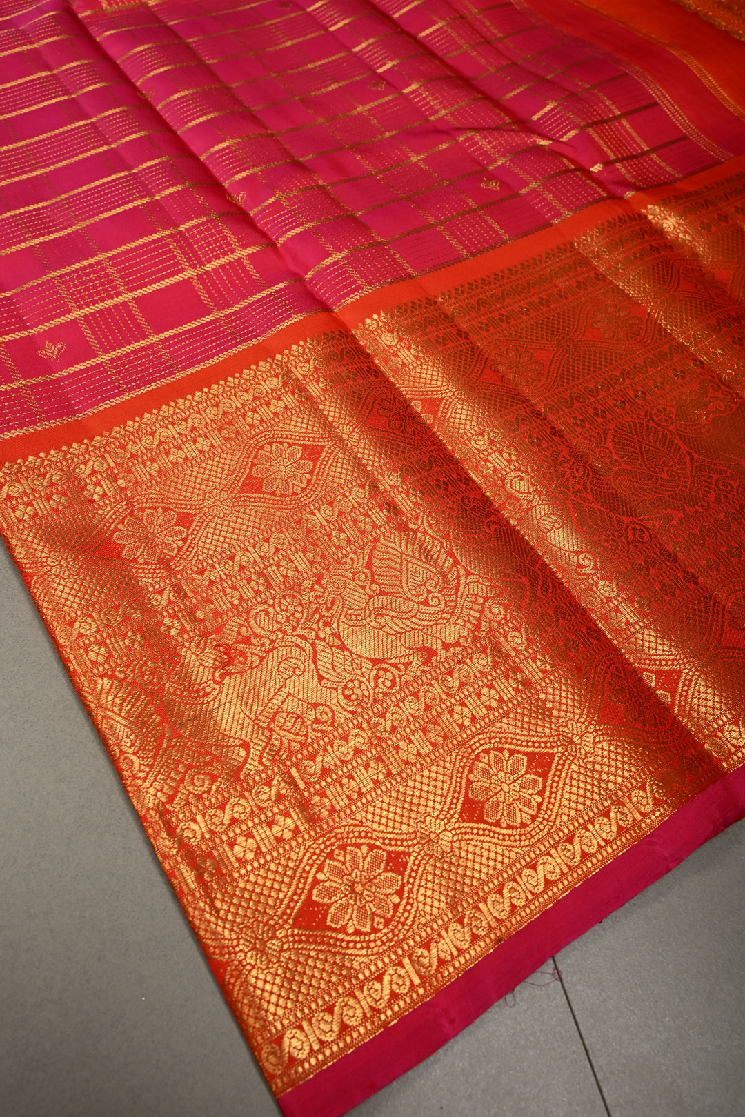 Rani Pink Zari Checks Pure Gadwal Silk Saree with Zari Buttis and Contrast Wide Zari Border | SILK MARK CERTIFIED | SHOBITAM