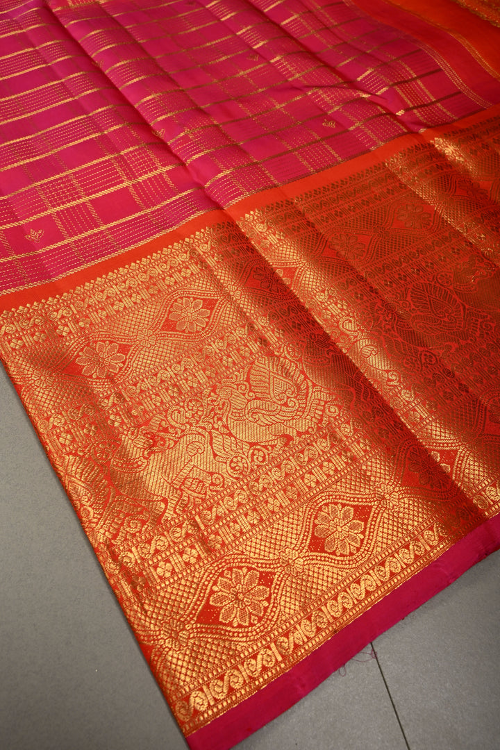 Rani Pink Zari Checks Pure Gadwal Silk Saree with Zari Buttis and Contrast Wide Zari Border | SILK MARK CERTIFIED | SHOBITAM