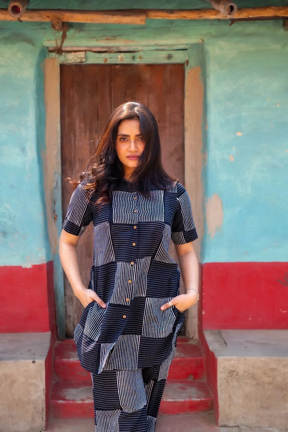 Black Check Stripes Pure Cotton Hand Block Print Co-ord Set | SHOBITAM