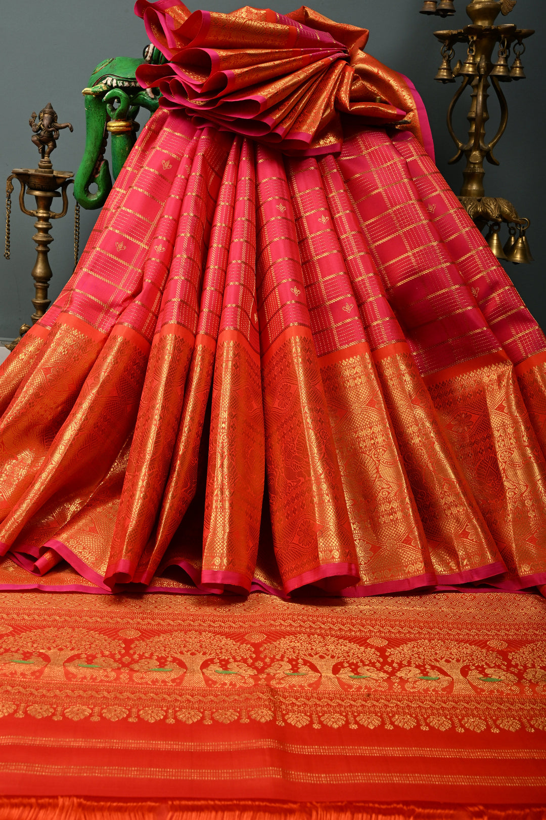 Rani Pink Zari Checks Pure Gadwal Silk Saree with Zari Buttis and Contrast Wide Zari Border | SILK MARK CERTIFIED | SHOBITAM