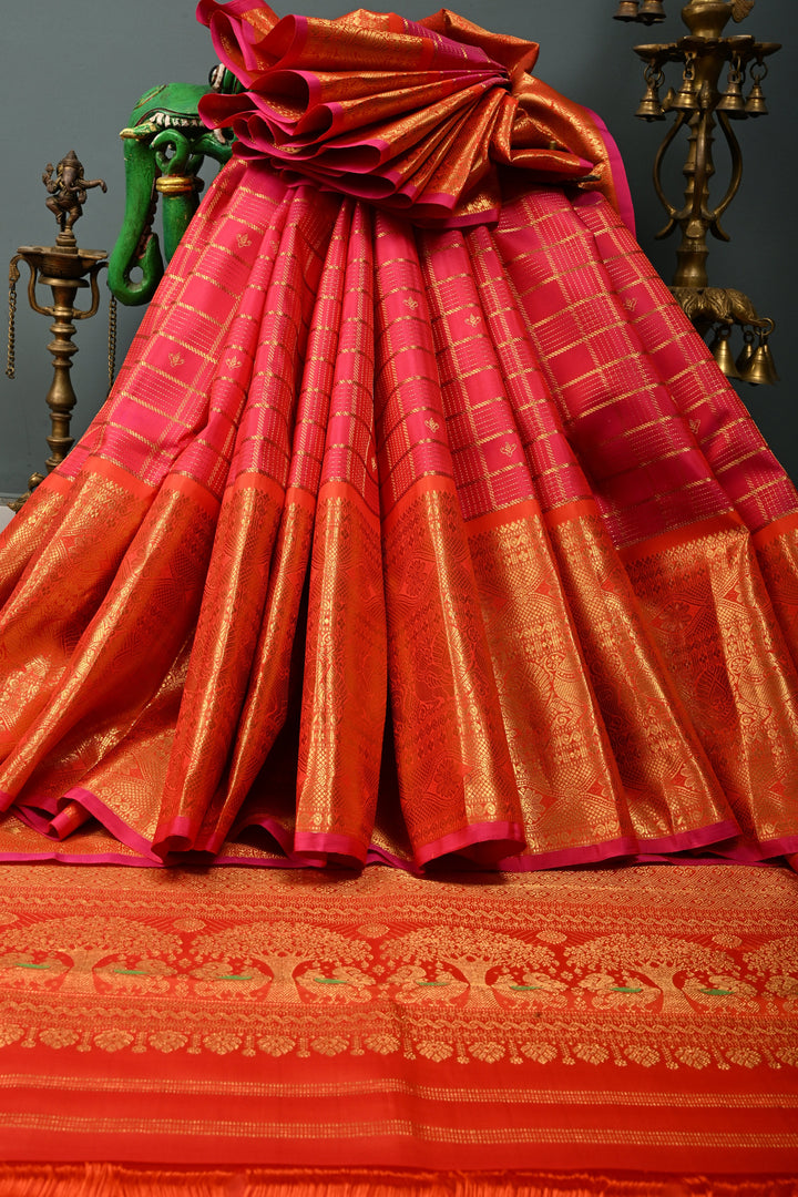 Rani Pink Zari Checks Pure Gadwal Silk Saree with Zari Buttis and Contrast Wide Zari Border | SILK MARK CERTIFIED | SHOBITAM