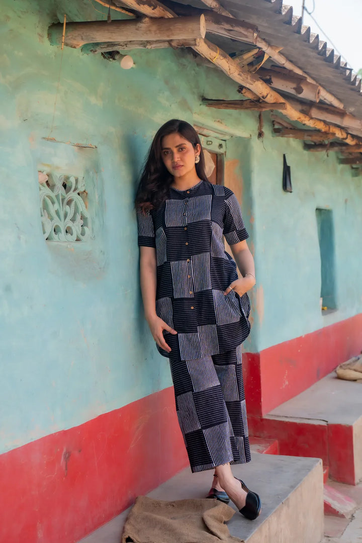 Black Check Stripes Pure Cotton Hand Block Print Co-ord Set | SHOBITAM