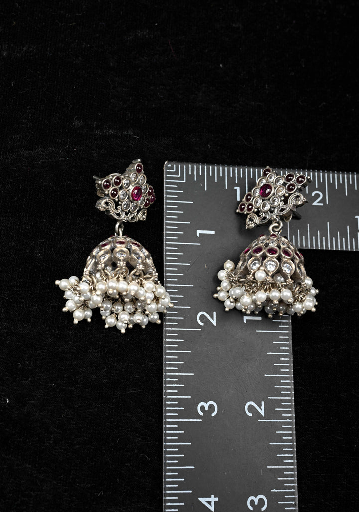 92.5 Silver, Oxidized Jhumkas with stones and beads