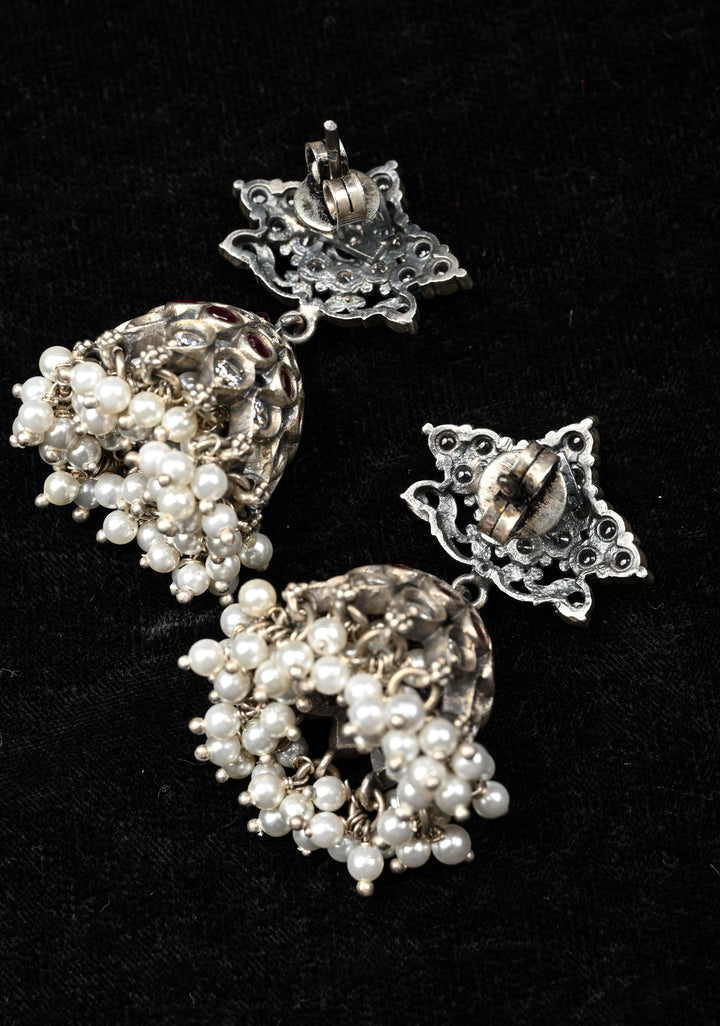 92.5 Silver, Oxidized Jhumkas with stones and beads
