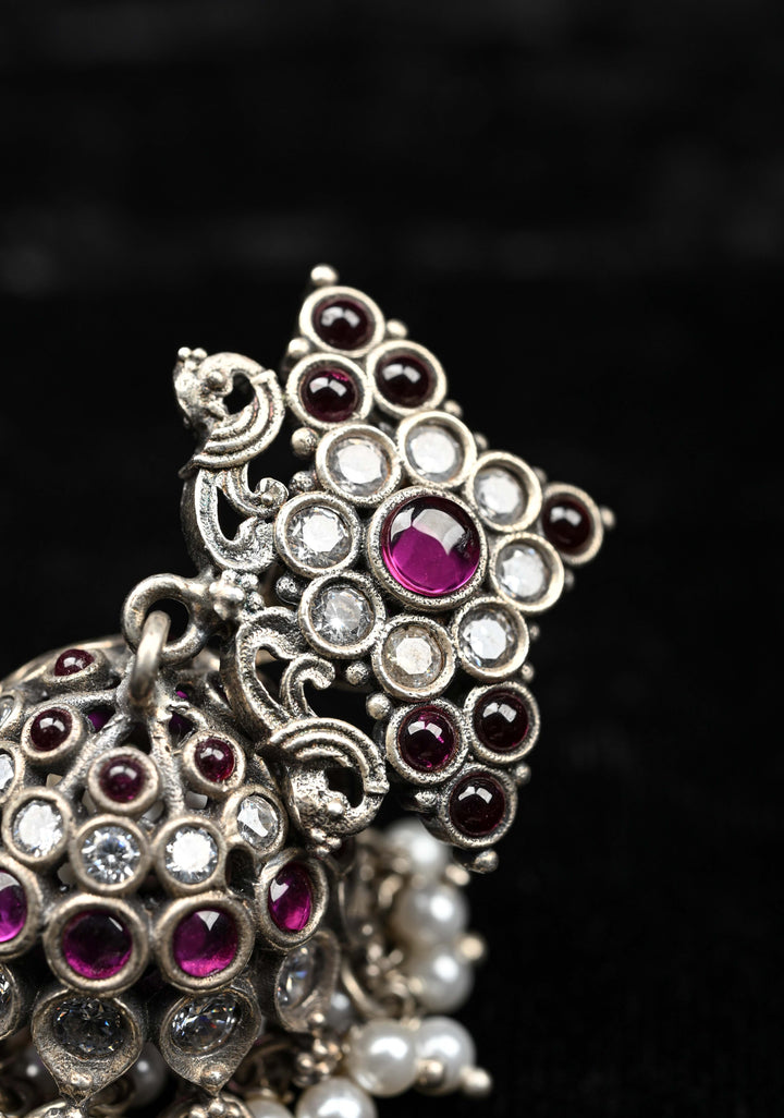 92.5 Silver, Oxidized Jhumkas with stones and beads