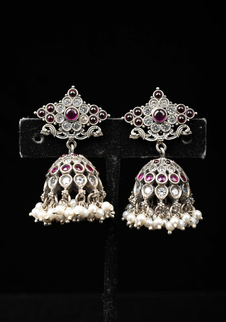 92.5 Silver, Oxidized Jhumkas with stones and beads