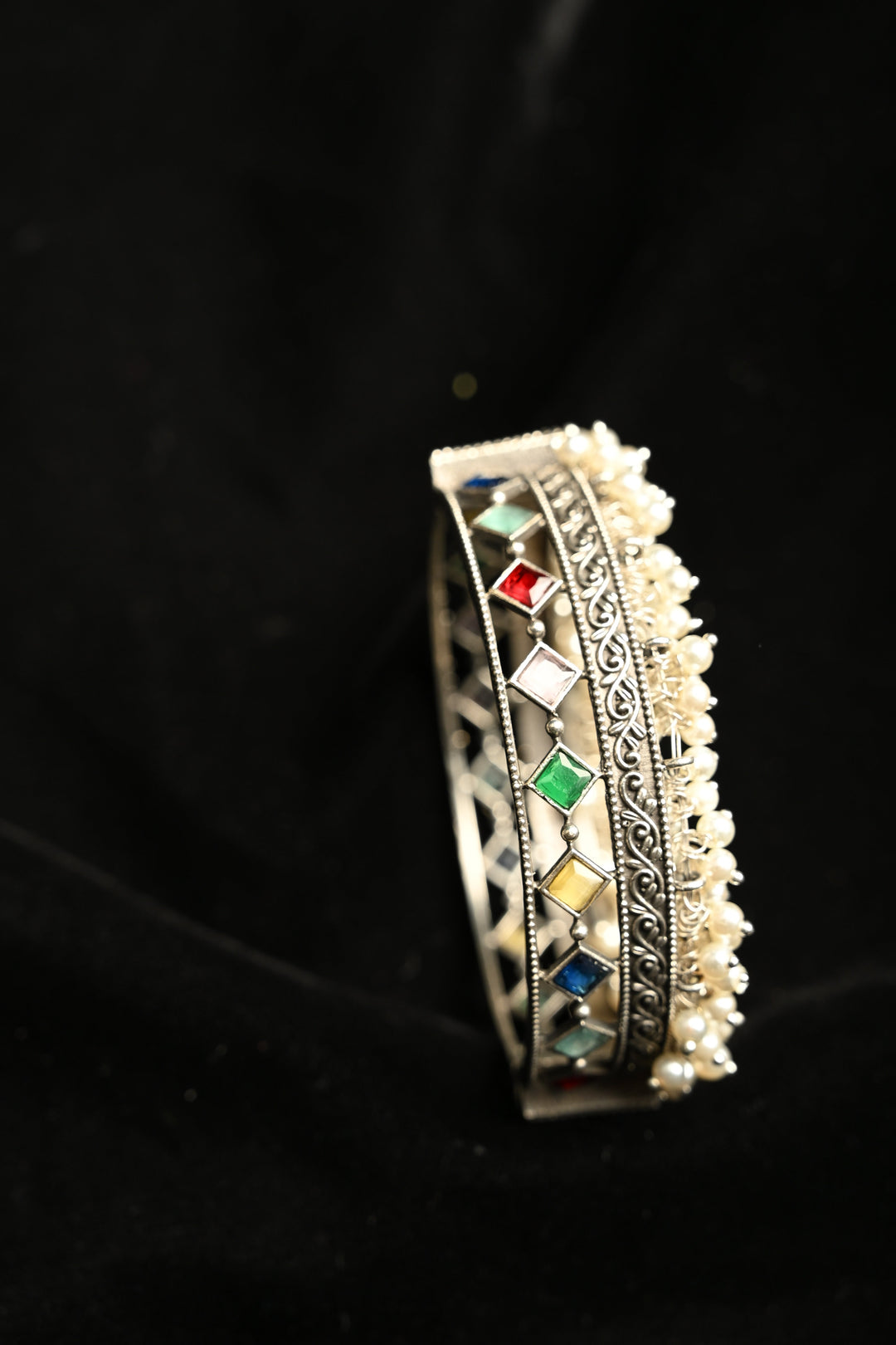 Multicolor Fiza Bangle in Brass-stones and pearls with an Antique Silver Polish