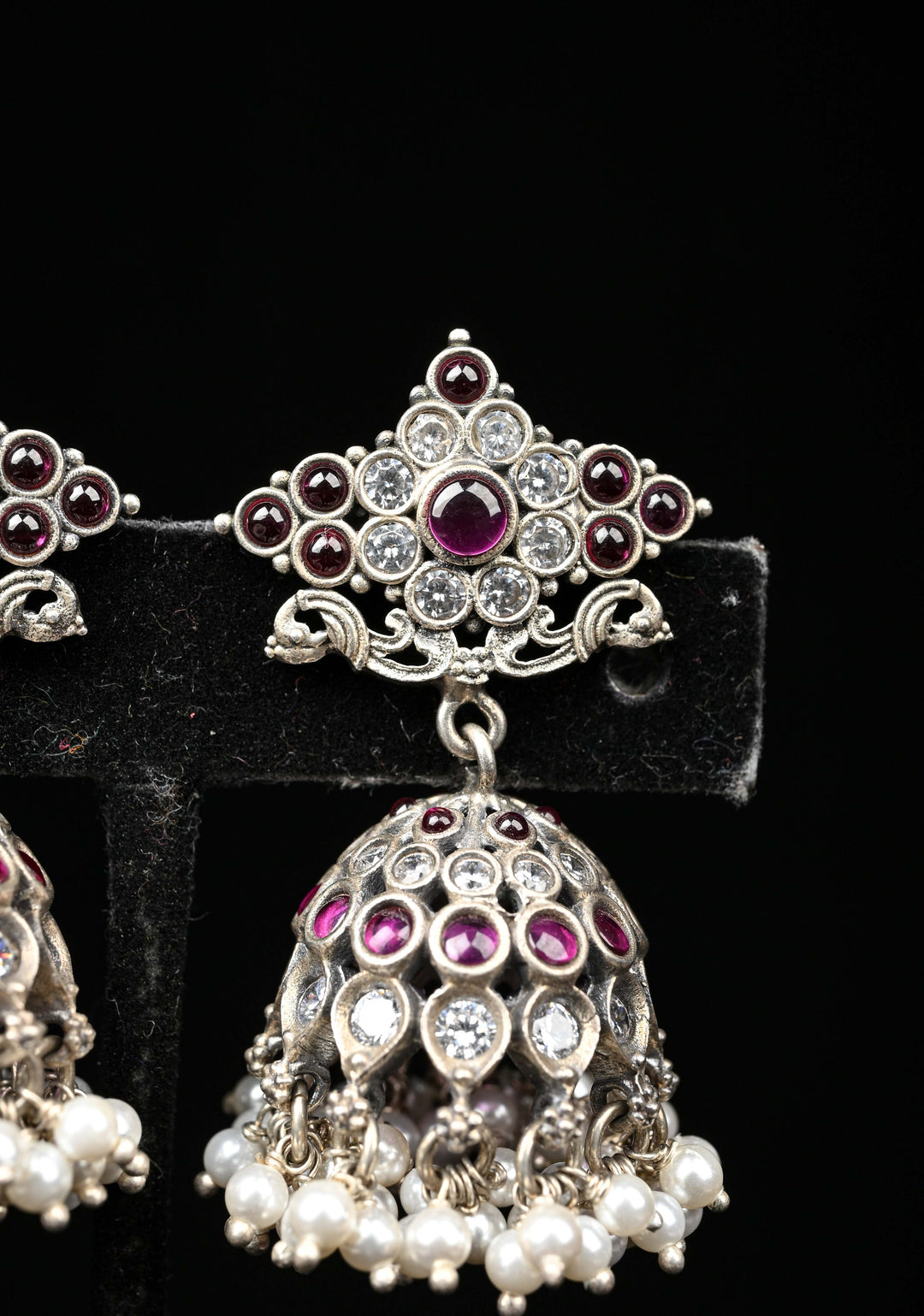 92.5 Silver, Oxidized Jhumkas with stones and beads