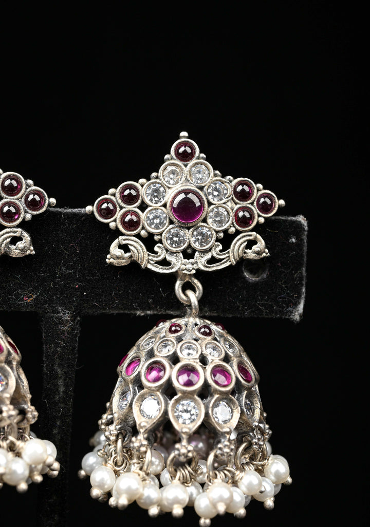 92.5 Silver, Oxidized Jhumkas with stones and beads