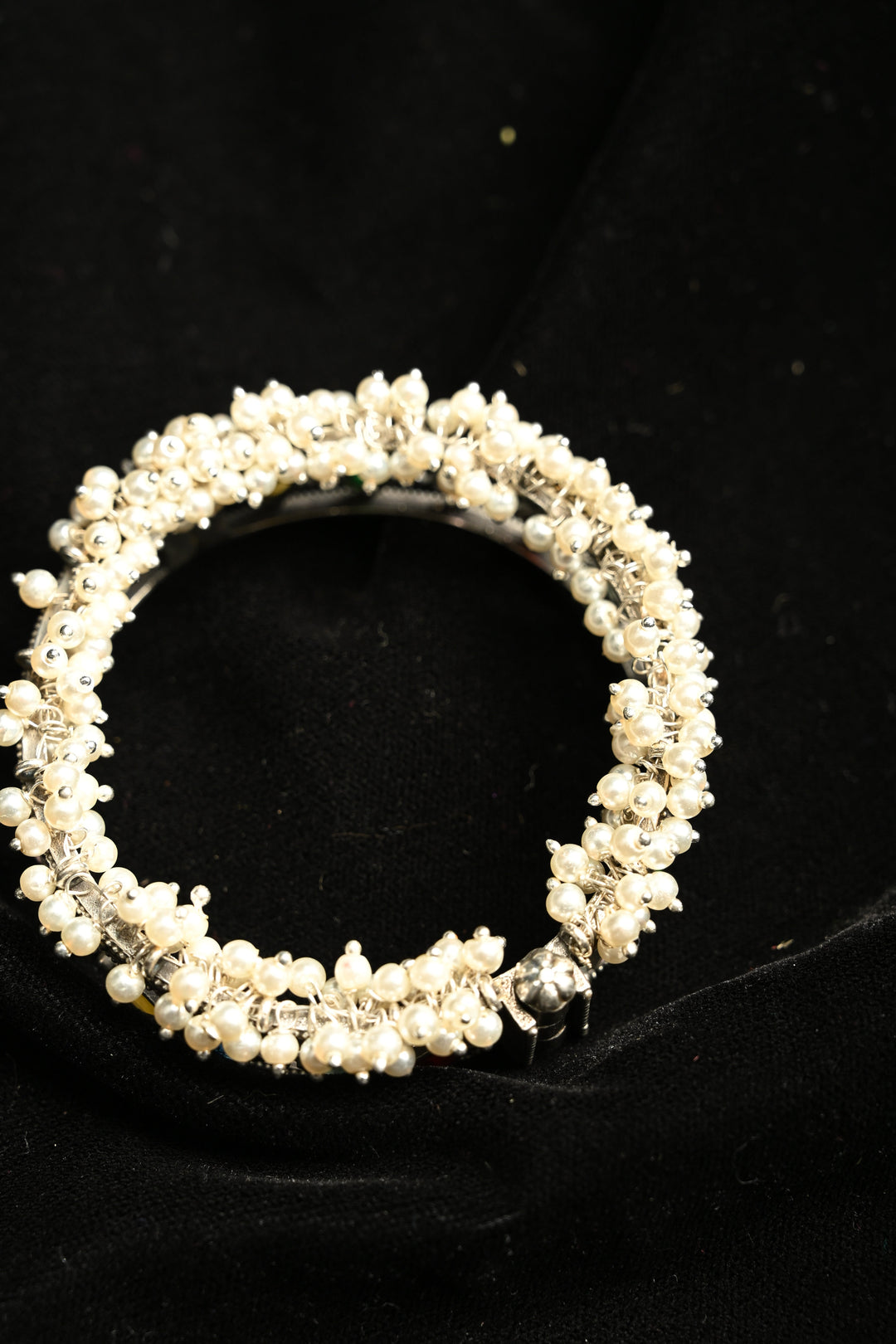 Multicolor Fiza Bangle in Brass-stones and pearls with an Antique Silver Polish