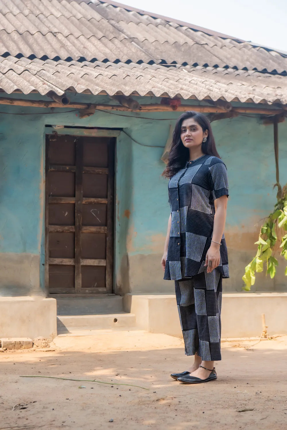 Black Check Stripes Pure Cotton Hand Block Print Co-ord Set | SHOBITAM