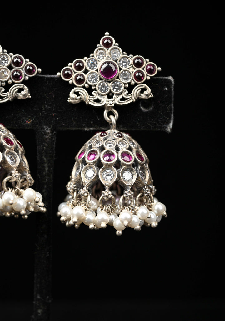 92.5 Silver, Oxidized Jhumkas with stones and beads