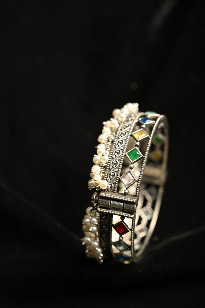 Multicolor Fiza Bangle in Brass-stones and pearls with an Antique Silver Polish