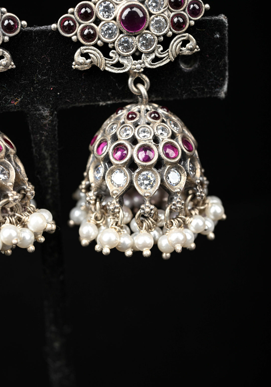 92.5 Silver, Oxidized Jhumkas with stones and beads