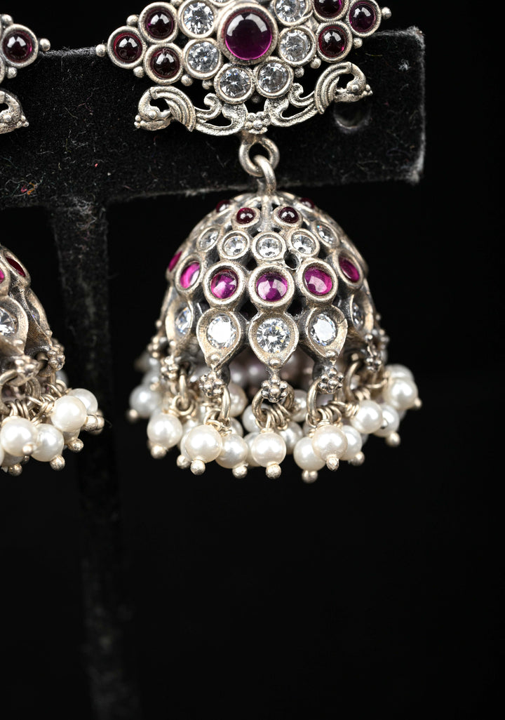 92.5 Silver, Oxidized Jhumkas with stones and beads