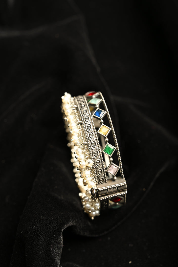 Multicolor Fiza Bangle in Brass-stones and pearls with an Antique Silver Polish