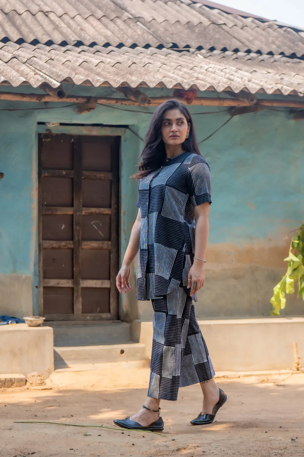 Black Check Stripes Pure Cotton Hand Block Print Co-ord Set | SHOBITAM