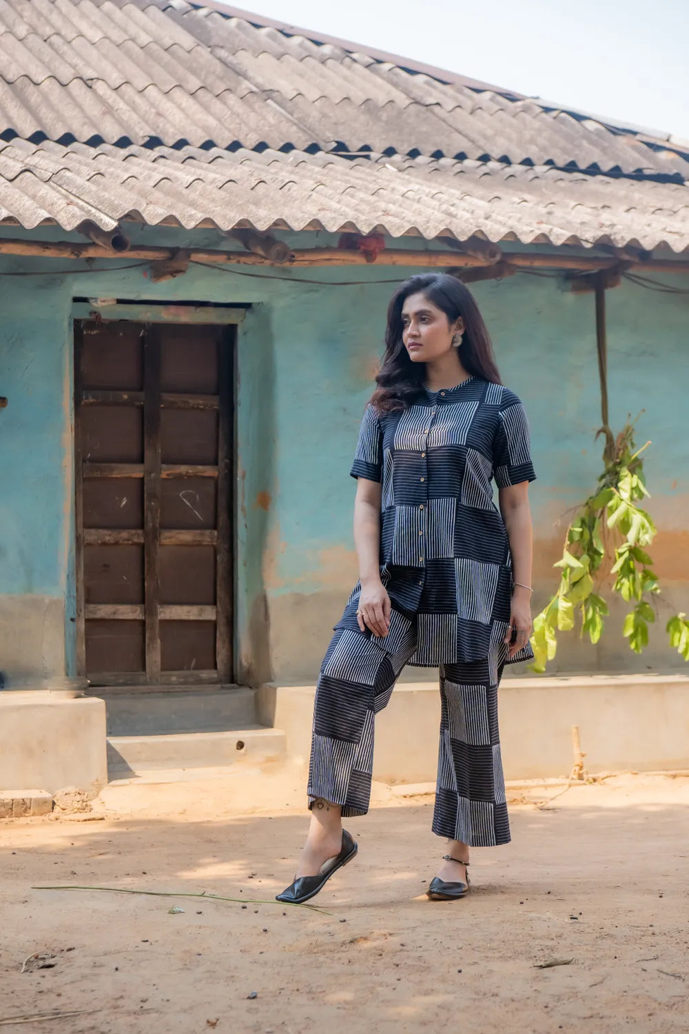 Black Check Stripes Pure Cotton Hand Block Print Co-ord Set | SHOBITAM