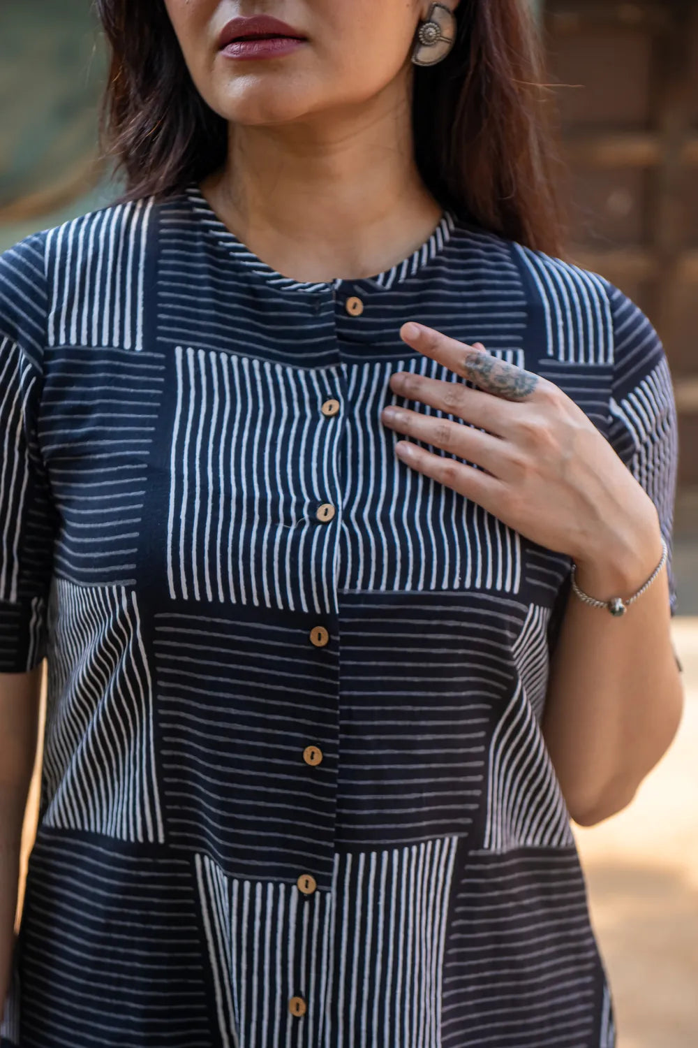 Black Check Stripes Pure Cotton Hand Block Print Co-ord Set | SHOBITAM