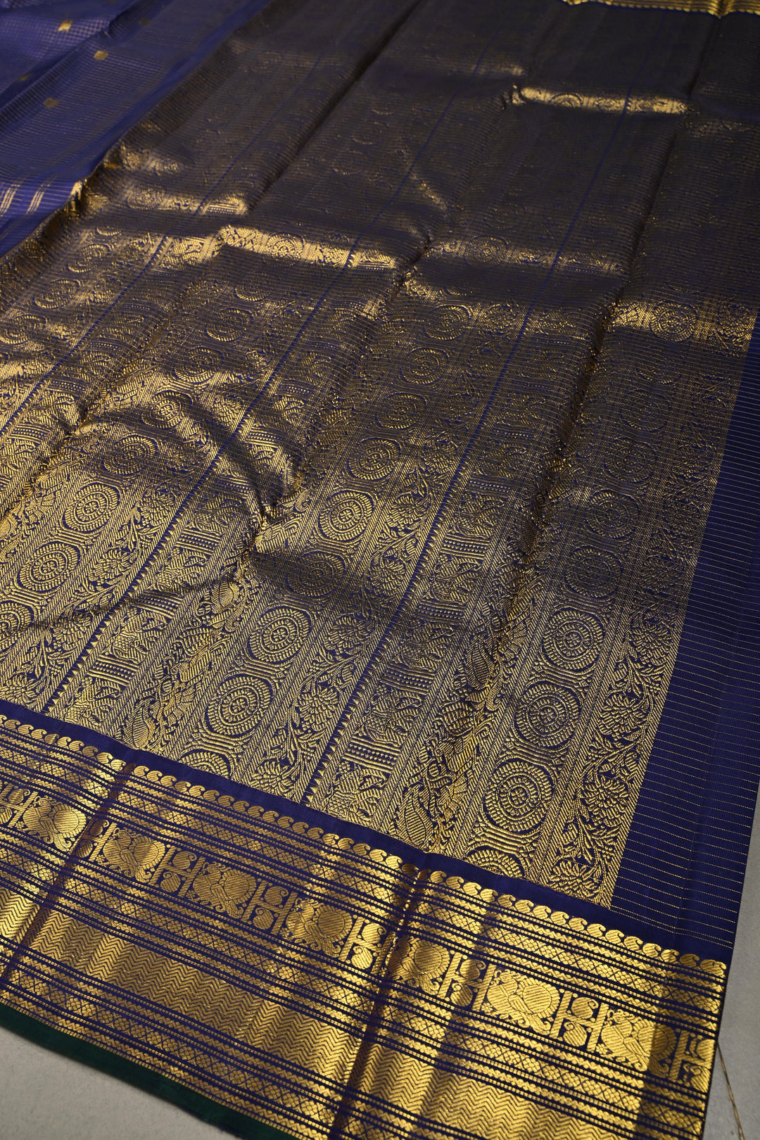 Ink Blue Zari Checks on Kanjivaram Silk Saree with Zari Buttas and Zari Border  | SILK MARK CERTIFIED | SHOBITAM