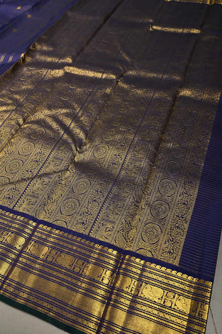 Ink Blue Zari Checks on Kanjivaram Silk Saree with Zari Buttas and Zari Border  | SILK MARK CERTIFIED | SHOBITAM