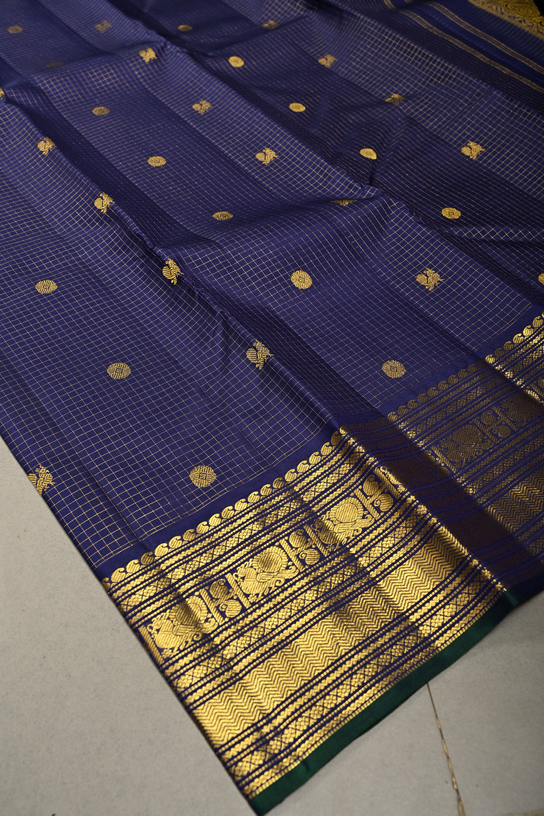 Ink Blue Zari Checks on Kanjivaram Silk Saree with Zari Buttas and Zari Border  | SILK MARK CERTIFIED | SHOBITAM