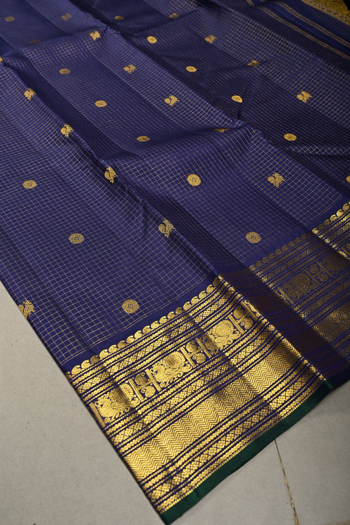 Ink Blue Zari Checks on Kanjivaram Silk Saree with Zari Buttas and Zari Border  | SILK MARK CERTIFIED | SHOBITAM