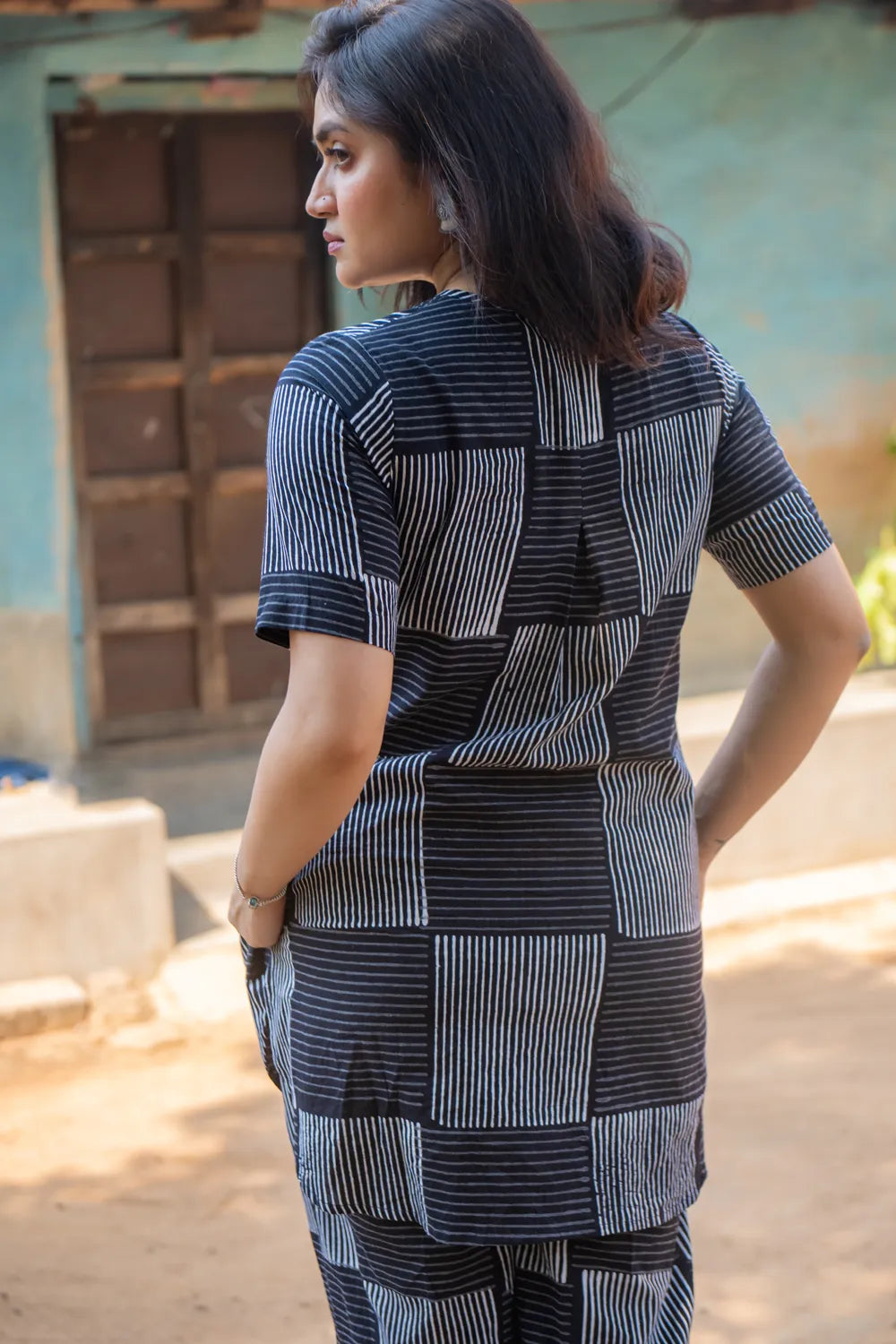 Black Check Stripes Pure Cotton Hand Block Print Co-ord Set | SHOBITAM
