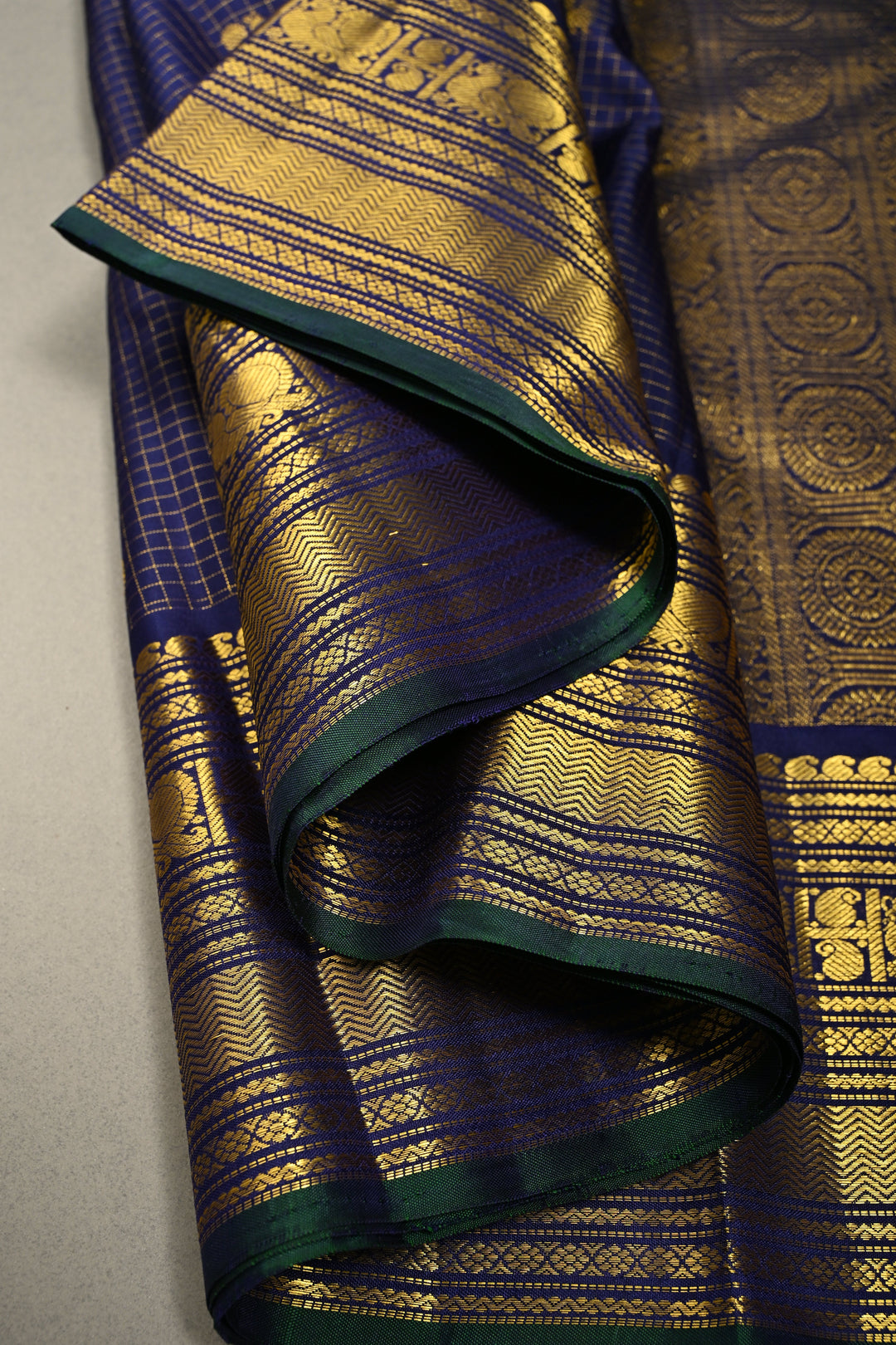 Ink Blue Zari Checks on Kanjivaram Silk Saree with Zari Buttas and Zari Border  | SILK MARK CERTIFIED | SHOBITAM