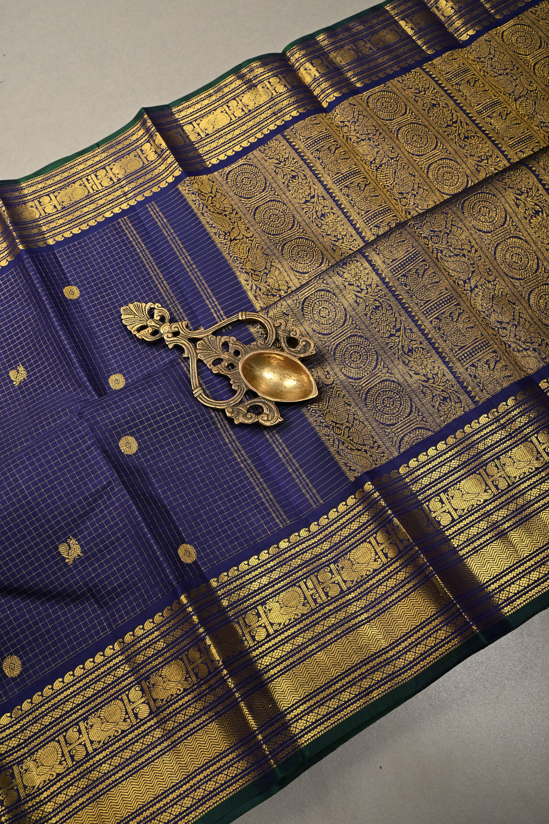 Ink Blue Zari Checks on Kanjivaram Silk Saree with Zari Buttas and Zari Border  | SILK MARK CERTIFIED | SHOBITAM