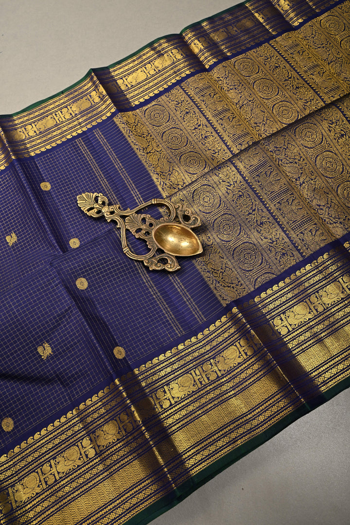 Ink Blue Zari Checks on Kanjivaram Silk Saree with Zari Buttas and Zari Border  | SILK MARK CERTIFIED | SHOBITAM