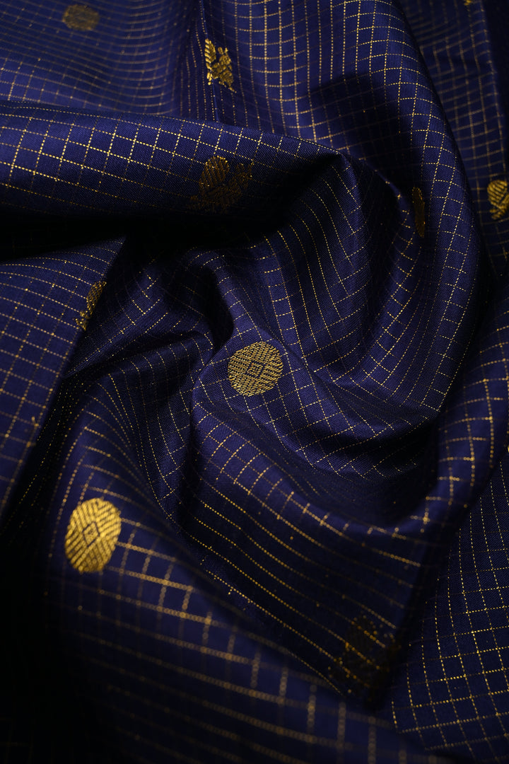 Ink Blue Zari Checks on Kanjivaram Silk Saree with Zari Buttas and Zari Border  | SILK MARK CERTIFIED | SHOBITAM