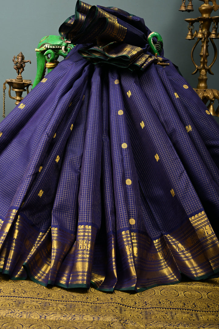 Ink Blue Zari Checks on Kanjivaram Silk Saree with Zari Buttas and Zari Border  | SILK MARK CERTIFIED | SHOBITAM