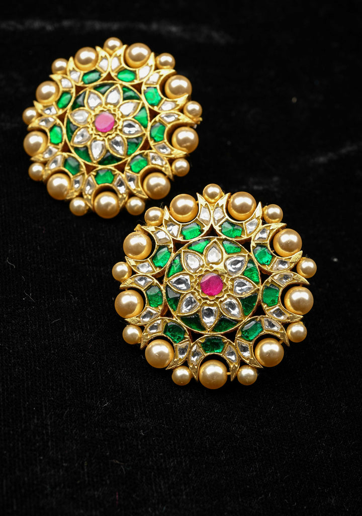 92.5 Silver Mandala Kundan Studs with Pearls Detailing