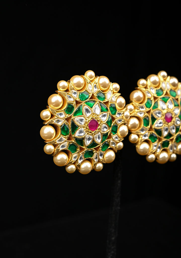 92.5 Silver Mandala Kundan Studs with Pearls Detailing