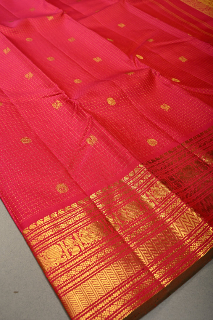 Pink Dual tone Zari Checks on Kanjivaram Silk Saree with Zari Buttas and Zari Border  | SILK MARK CERTIFIED | SHOBITAM