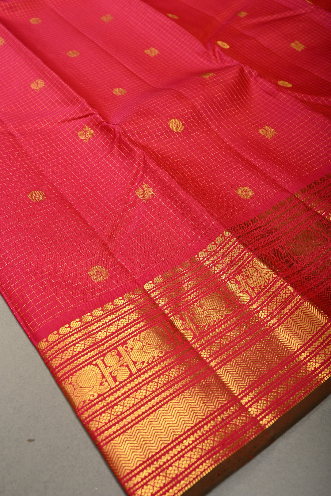 Pink Dual tone Zari Checks on Kanjivaram Silk Saree with Zari Buttas and Zari Border  | SILK MARK CERTIFIED | SHOBITAM