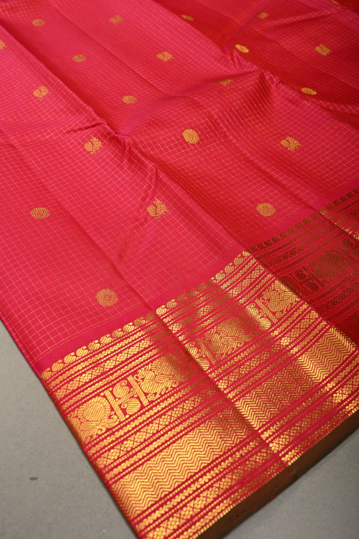 Pink Dual tone Zari Checks on Kanjivaram Silk Saree with Zari Buttas and Zari Border  | SILK MARK CERTIFIED | SHOBITAM