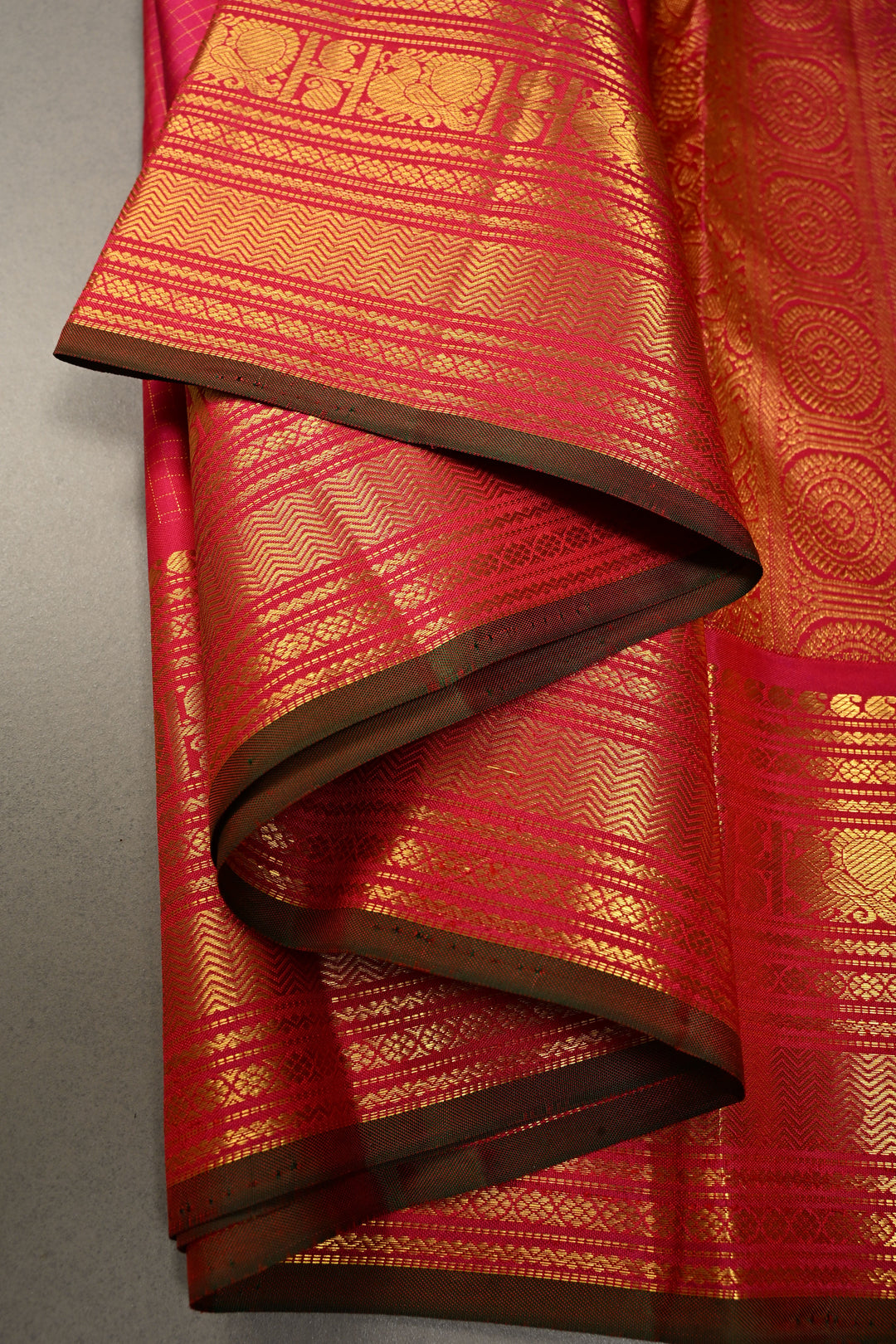 Pink Dual tone Zari Checks on Kanjivaram Silk Saree with Zari Buttas and Zari Border  | SILK MARK CERTIFIED | SHOBITAM