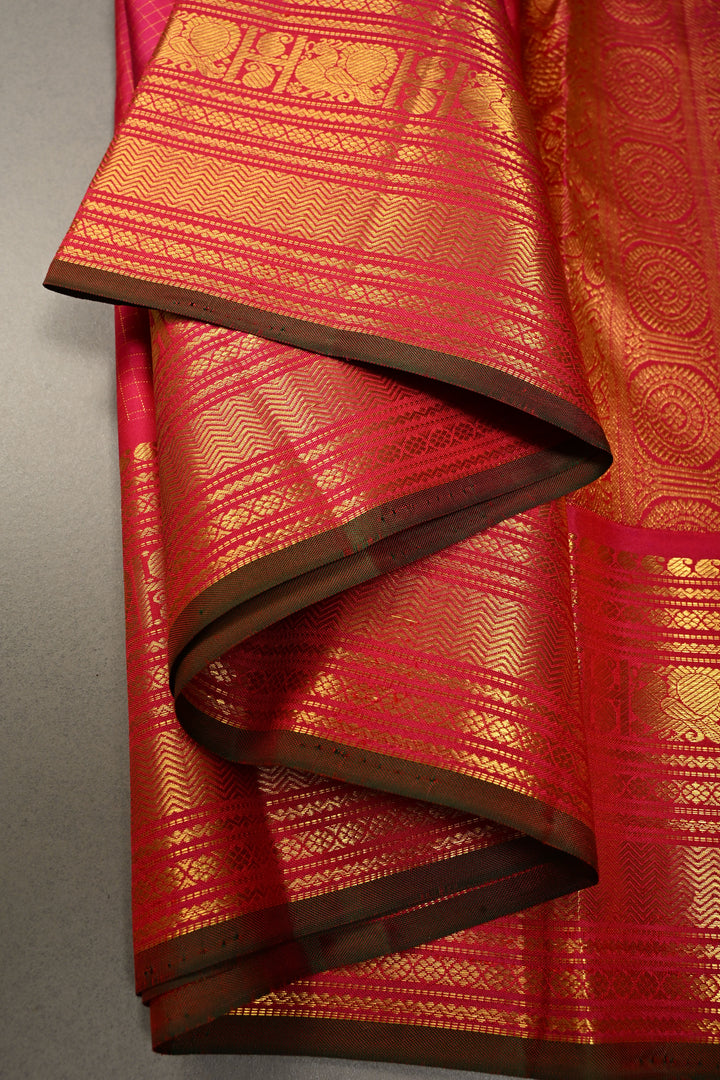 Pink Dual tone Zari Checks on Kanjivaram Silk Saree with Zari Buttas and Zari Border  | SILK MARK CERTIFIED | SHOBITAM