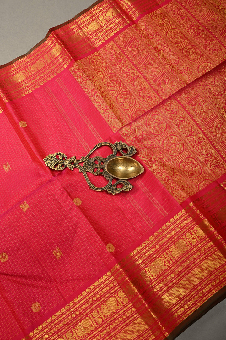 Pink Dual tone Zari Checks on Kanjivaram Silk Saree with Zari Buttas and Zari Border  | SILK MARK CERTIFIED | SHOBITAM